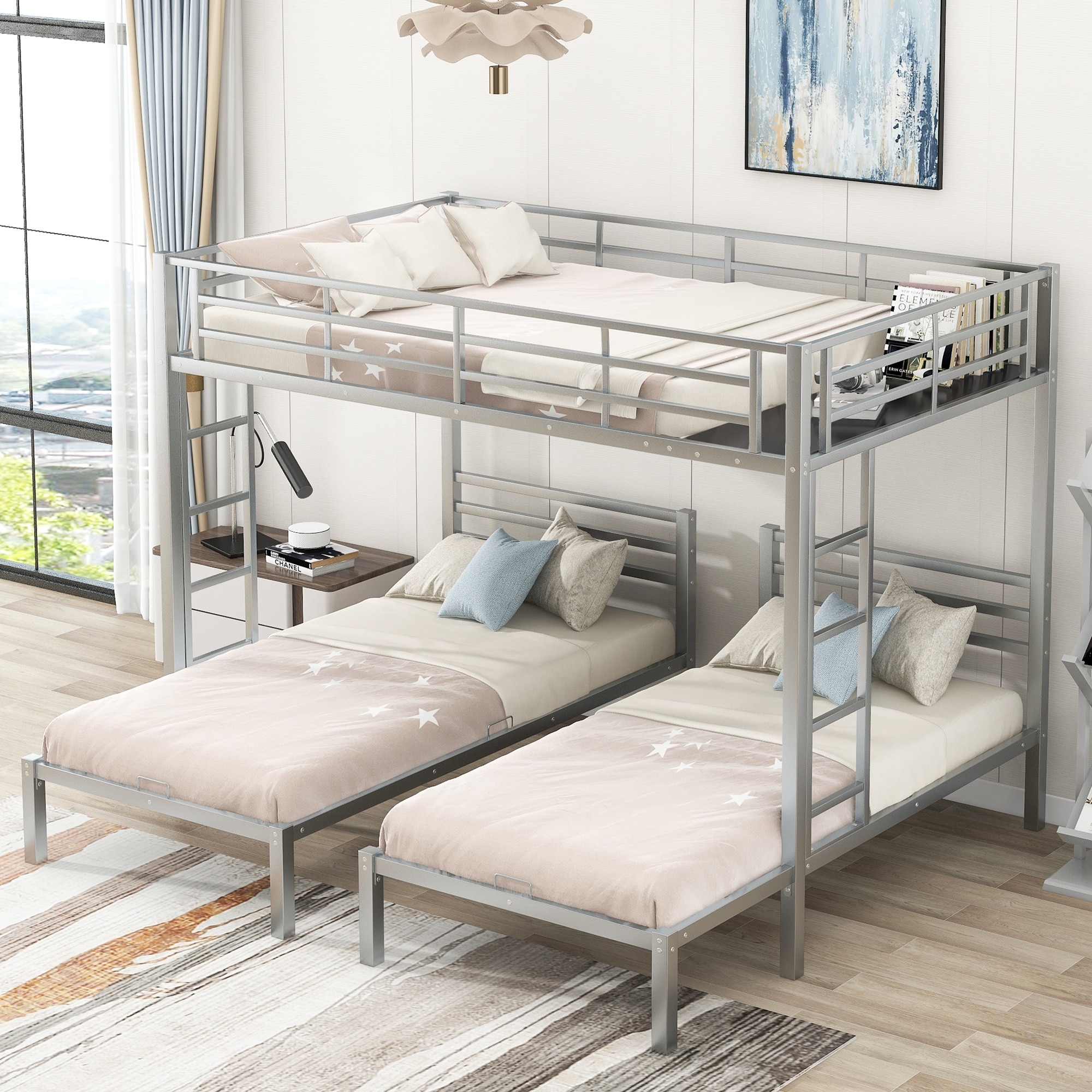 Full over Twin Size Triple Bunk Bed with Built in Shelf and Ladder