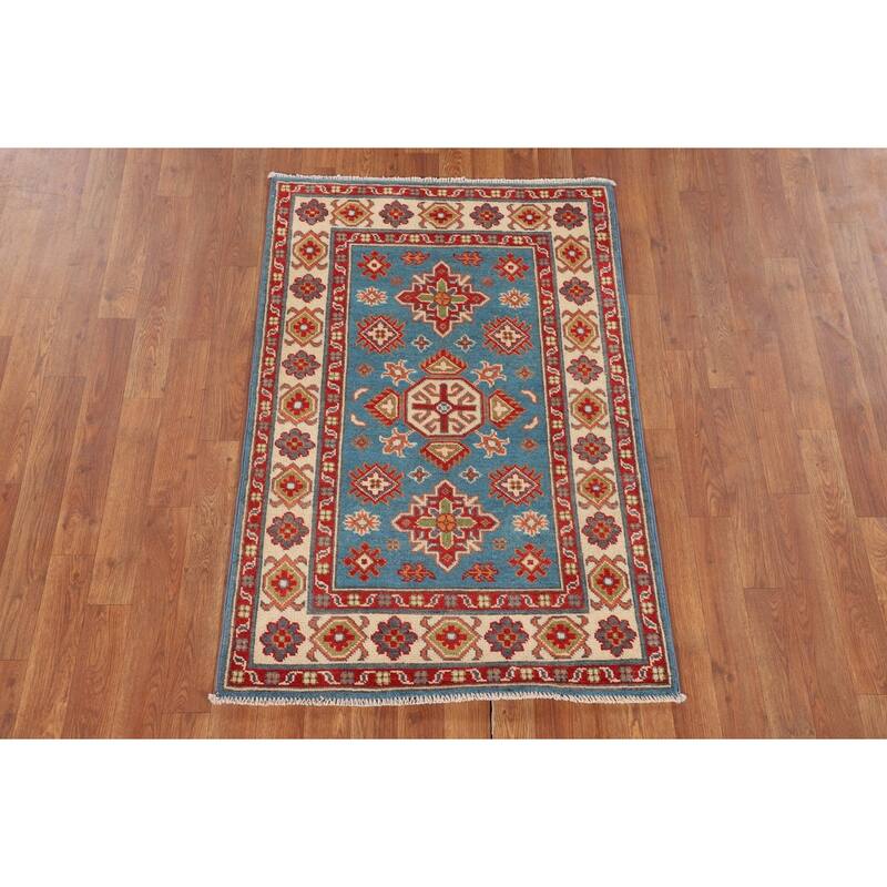 Light Blue Kazak Accent Rug Handmade Wool Carpet - 2'9" x 4'1"