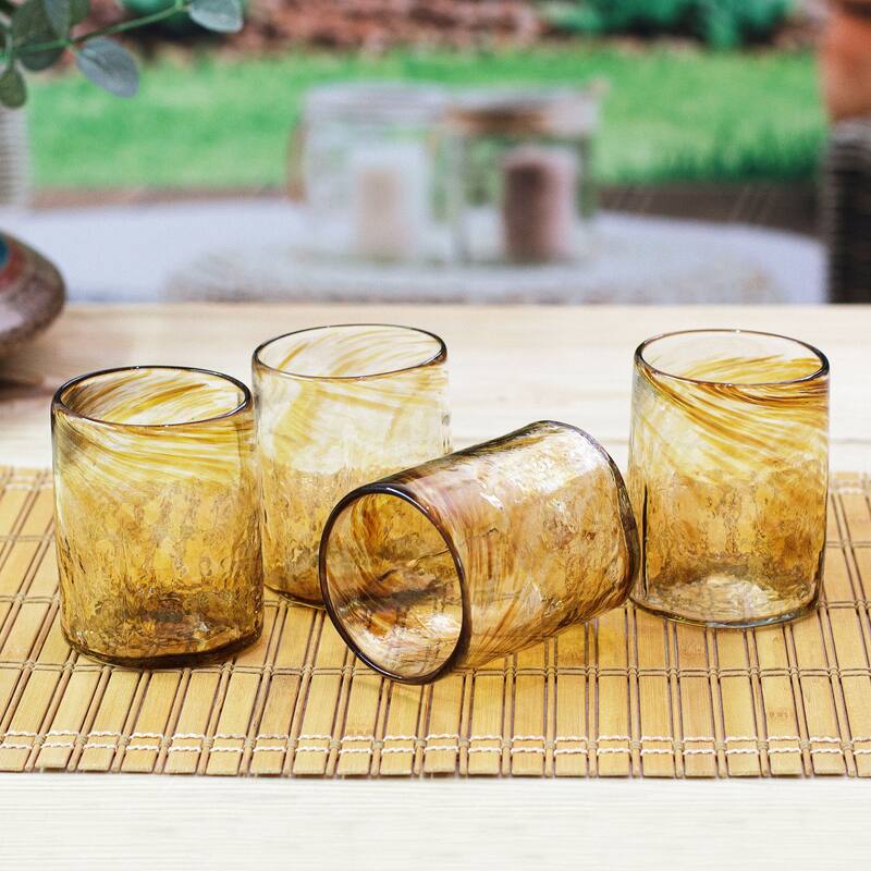 Novica Handmade Garden Relaxation In Amber Blown Recycled Glass Juice Glasses (Set Of 4)