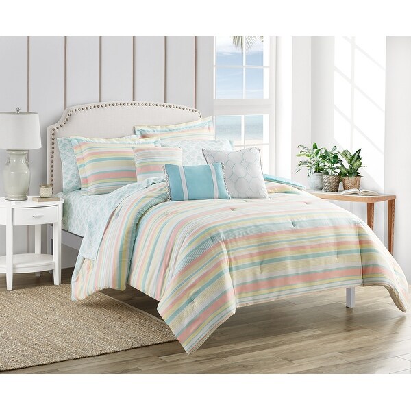 Cozy Yonker Rainbow Stripe Yellow Aqua 10 PC Bedding Set - King