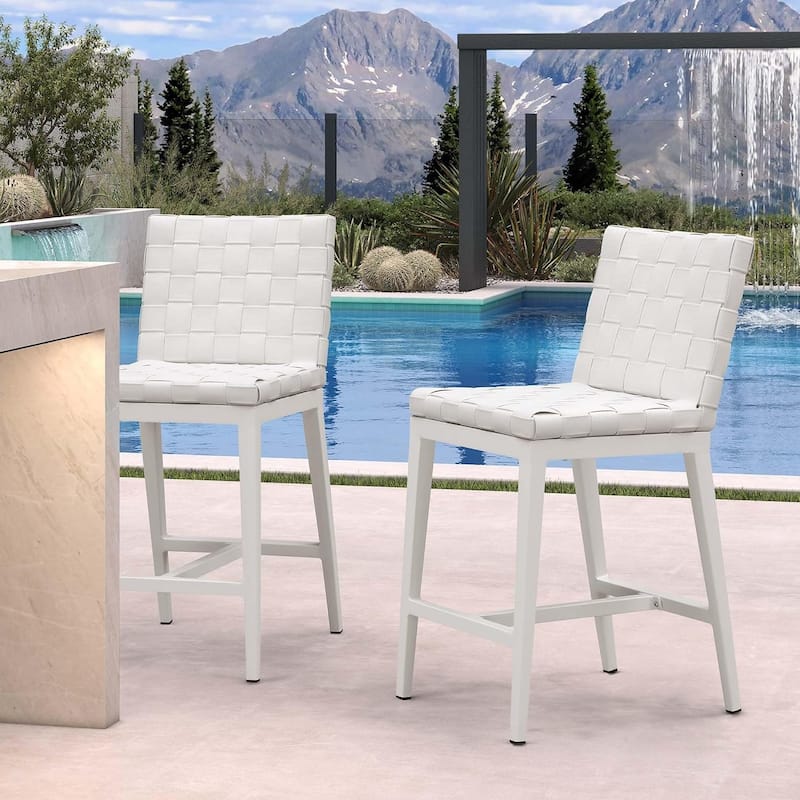 PURPLE LEAF Outdoor Counter Height Bar Stools Set of 2, PU Leather Patio Bar Set with Aluminum Frame - N/A - Counter Height-White