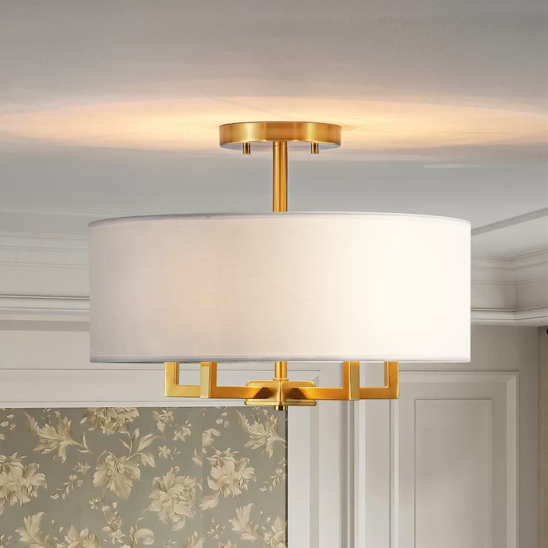 4-Light Mid-Century Modern Gold Semi-Flush Mount Light with White Drum Fabric Shade for Bedroom, Living Room