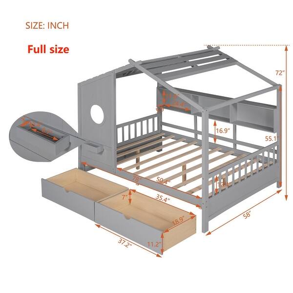 dimension image slide 1 of 4, House Bed with 2 Drawers and Storage Shelf