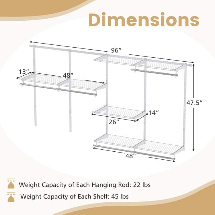 Metal and PP Adjustable Closet Organizer with Shelves and Rods - 96" L x 47.5" H