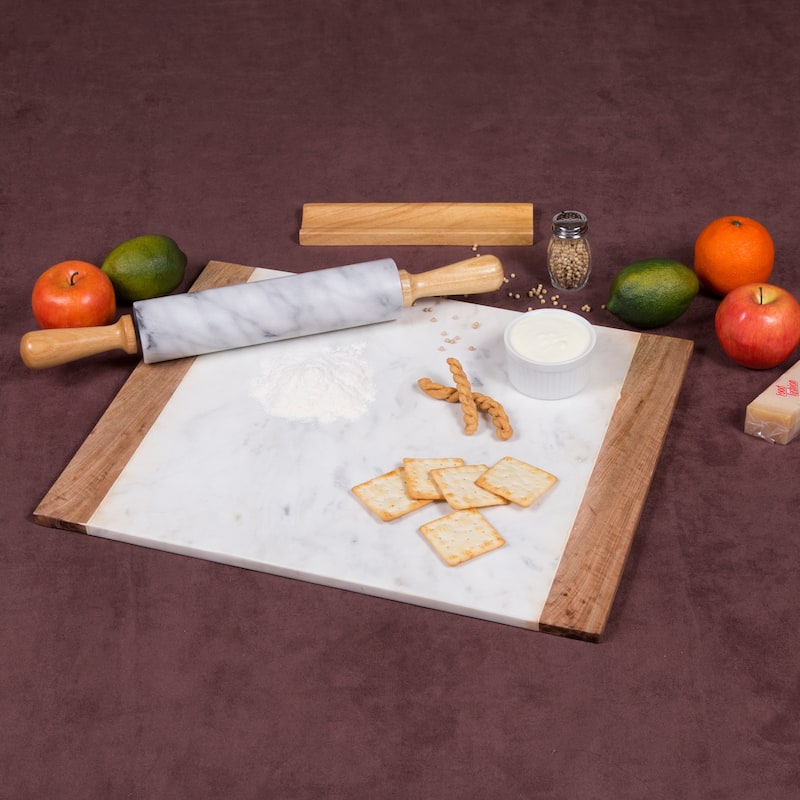 Creative Home Off-White Marble with Mango Wood Pastry, Serving Plate