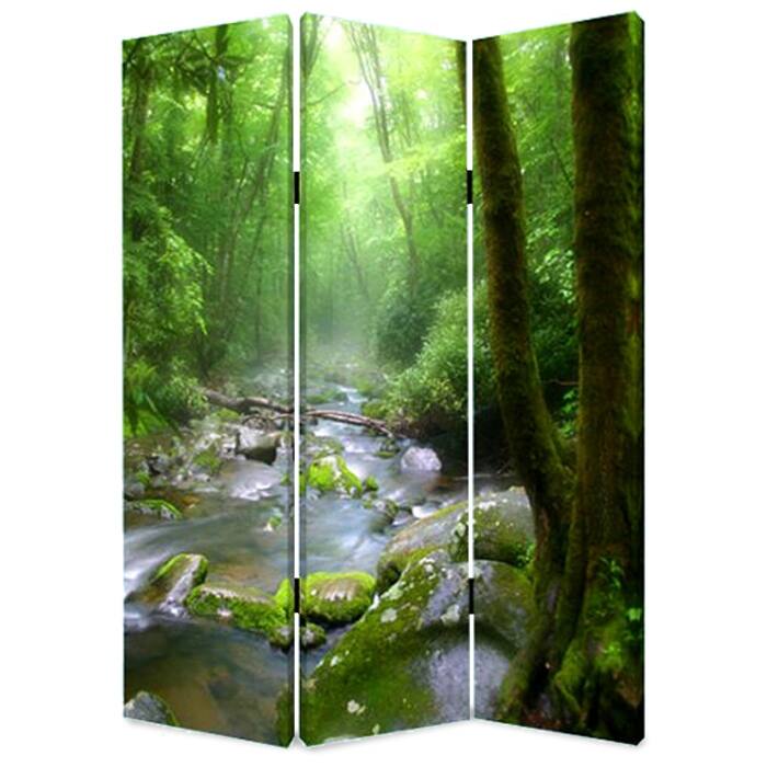 3 Panel Foldable Canvas Screen with Rainforest Print, Green - 6 x 12