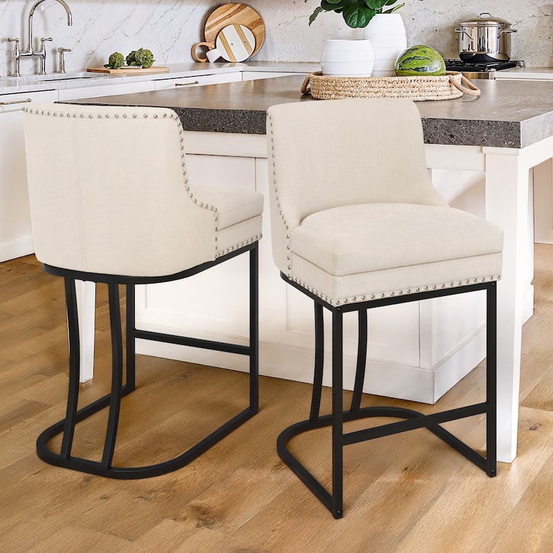 Modern 26" Barstool with Back Metal Frame Stool Counter Height Bar Stools and 6" Thick Cushion for Kitchen Island - Champagne/Fabric - Set of 2