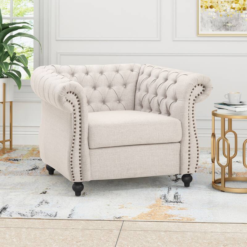 Roomfitters Chesterfield Club Chair with Deep Tufting, Rolled Arms and Nailhead Trim, Velvet Accent Armchair - Beige