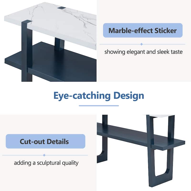 Console Table with Marble-Effect Top, Retro Entryway Table with Open Shelf - Navy