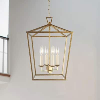 Ancient Candle Style Gold Lantern Pendant Medieval Stairway or Kitchen Island Small Open Cage Chandelier - N/A