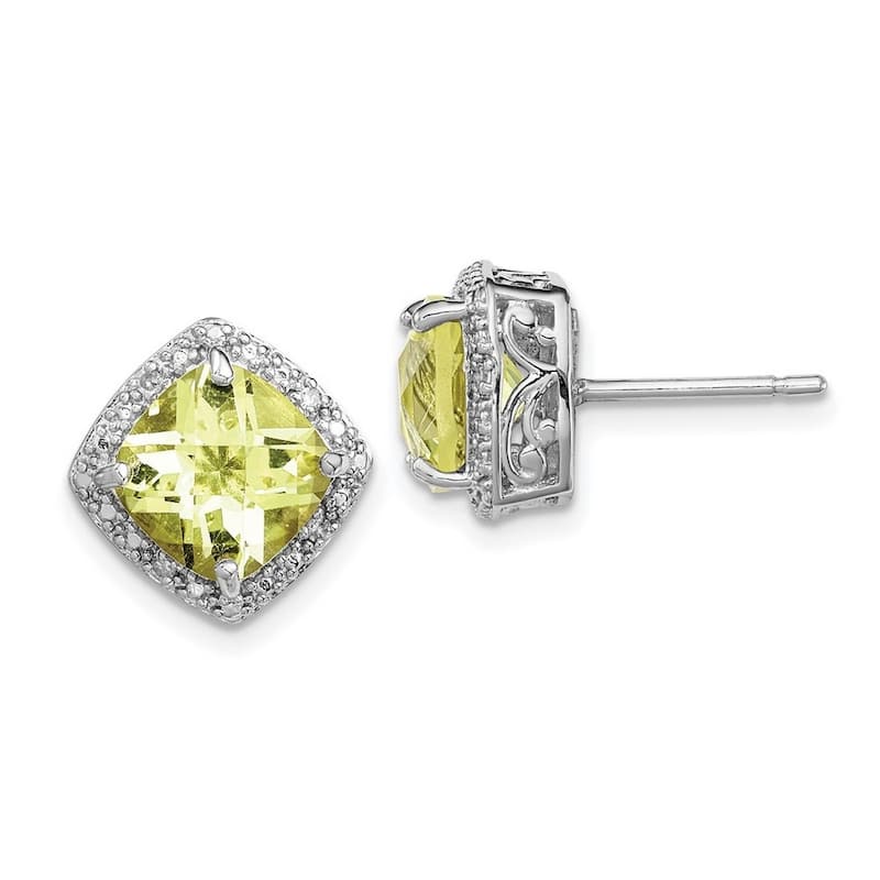 Curata 925 Sterling Silver Polished Post Earrings Lemon Quartz and Diamond Earrings - 13x13mm Wide