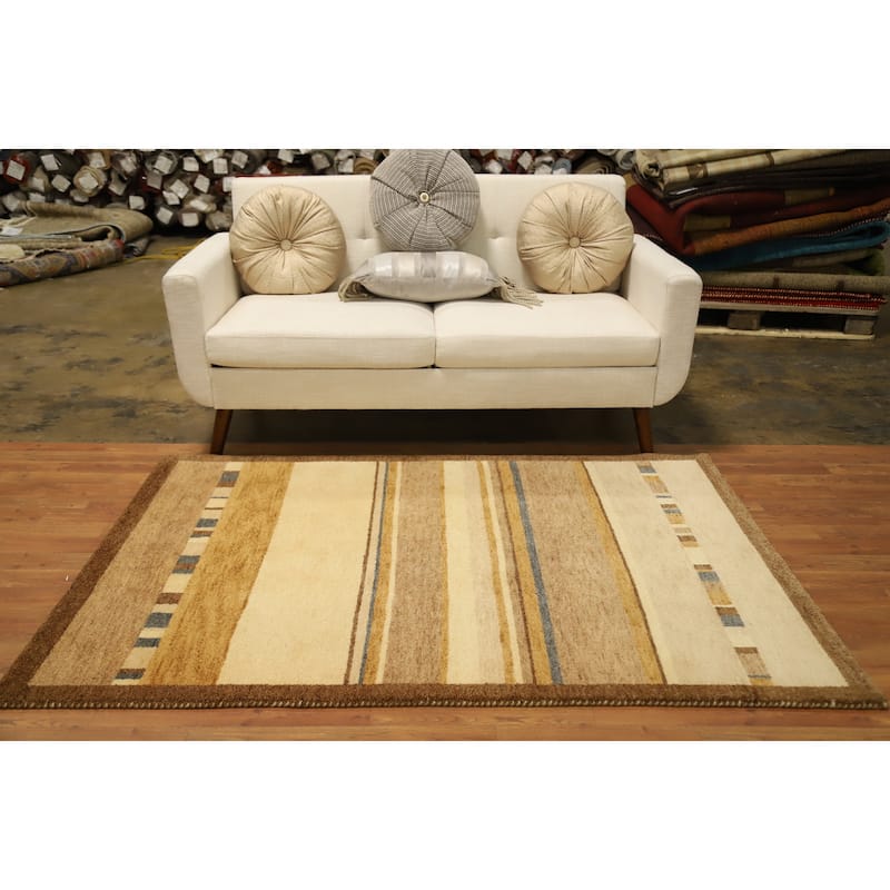 Hand Knotted Oriental 100% Wool Carpet Modern Geometric Beige & Ivories Gabbeh Area Rug - 5' 11'' X 4' 0''