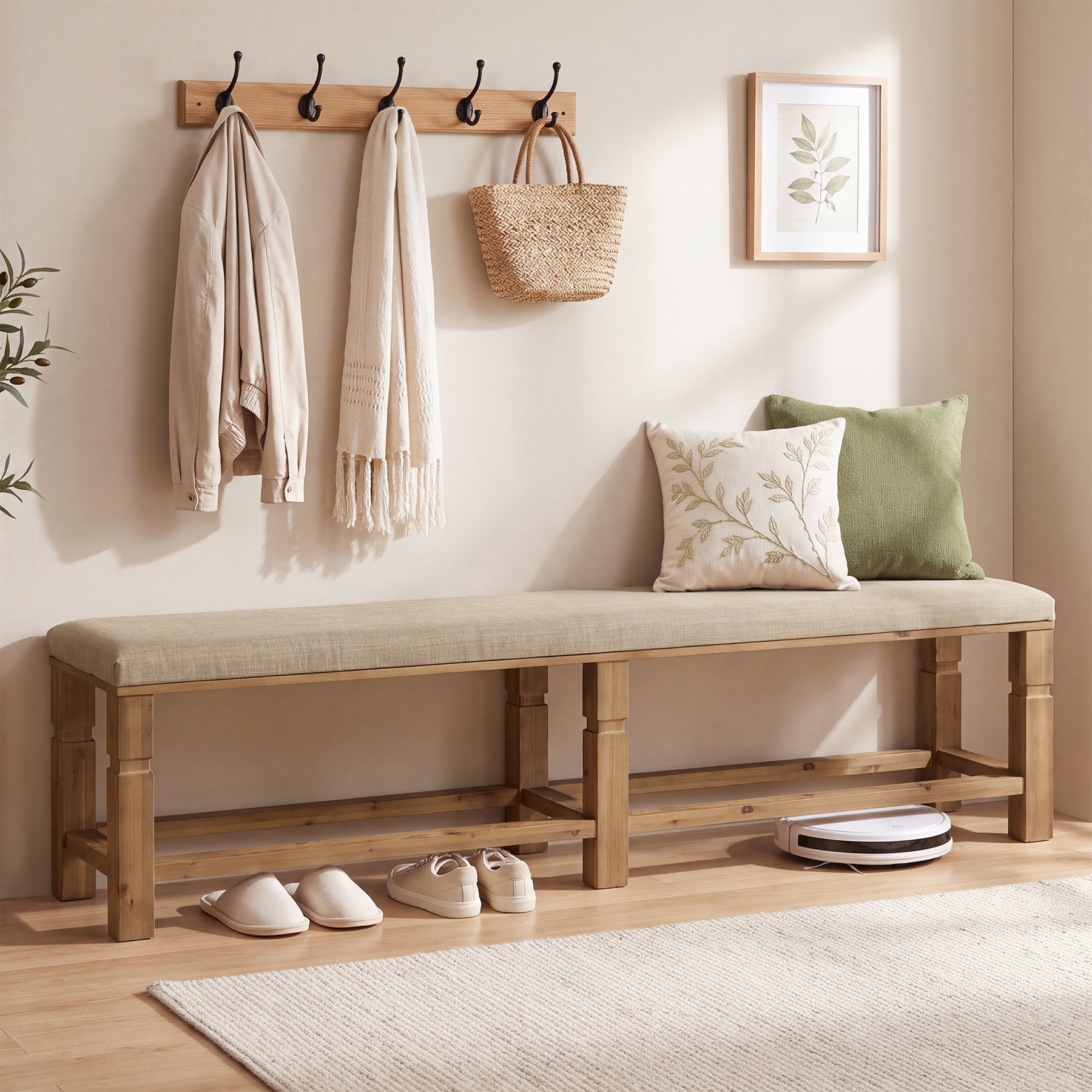 70.87" Long Entryway Bench with Linen Fabric Padded Seat, Upholstered Solid Wood Shoe Bench for Living Room, Hallway