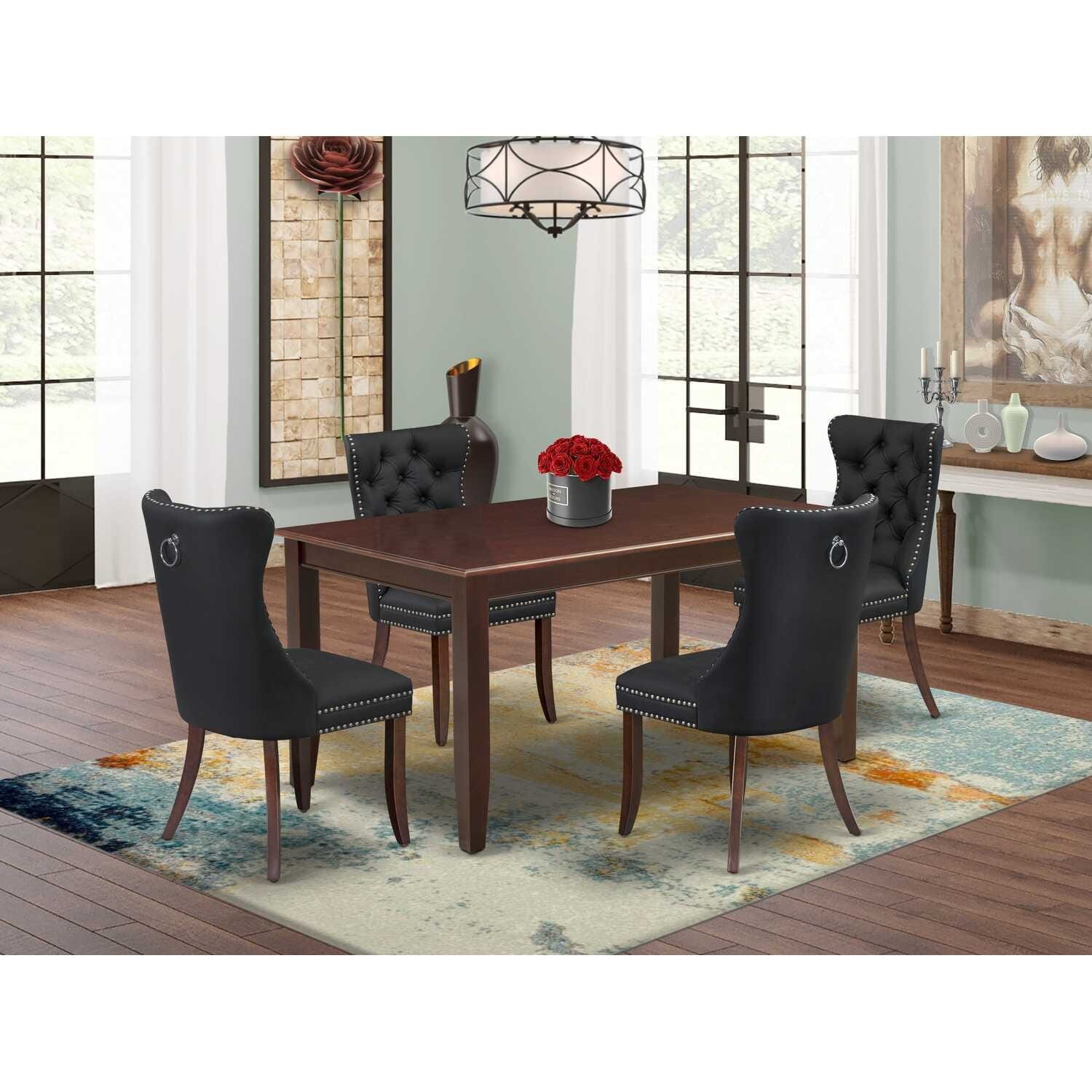 5-Piece Mahogany Finish Solid Wood Top-Rectangular Upholstered Dining Room Set-Seats 4