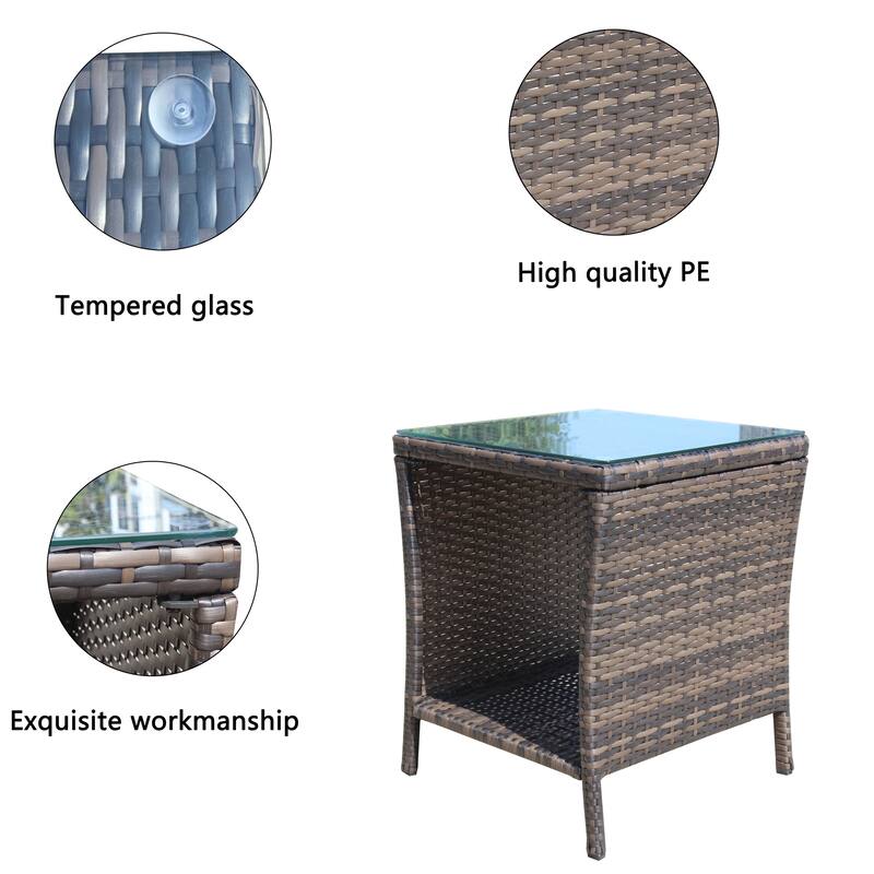 Anmytek Gray Rattan Side Table with Tempered Glass Top Indoor Outdoor Wicker Patio Table Double Tier Storage - 19.25*19.25