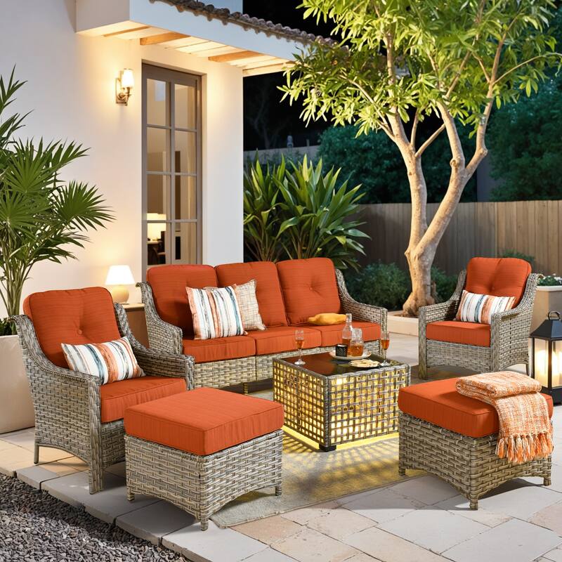 HOOOWOOO 6-pieces Wicker Patio Furniture Conversation Set with Coffee Table - Red/Orange