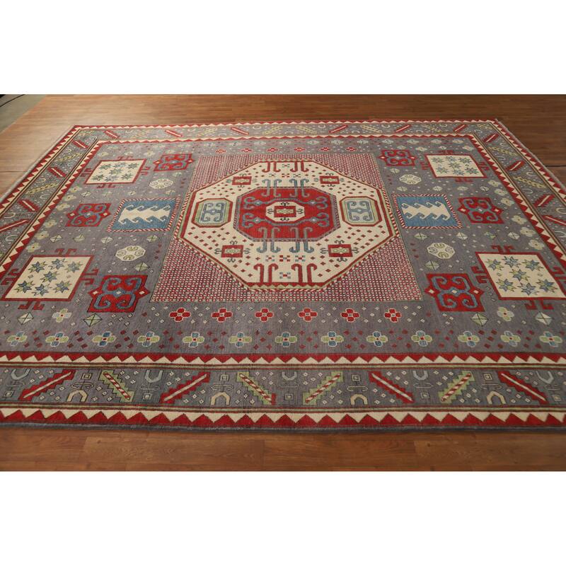 Hand Knotted Oriental 100% Wool Carpet Traditional Geometric Greys & Charcoal Kazak Area Rug - 10' 4'' X 8' 2''