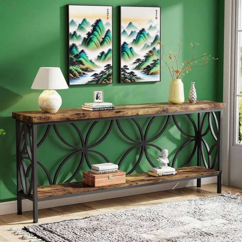 70.9” Industrial Console Table with 2-Tier Shelves Behind Sofa or Entryway Table with Metal Frame & Adjustable Feet - Black and Brown