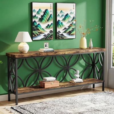 70.9” Industrial Console Table with 2-Tier Shelves Behind Sofa or Entryway Table with Metal Frame & Adjustable Feet