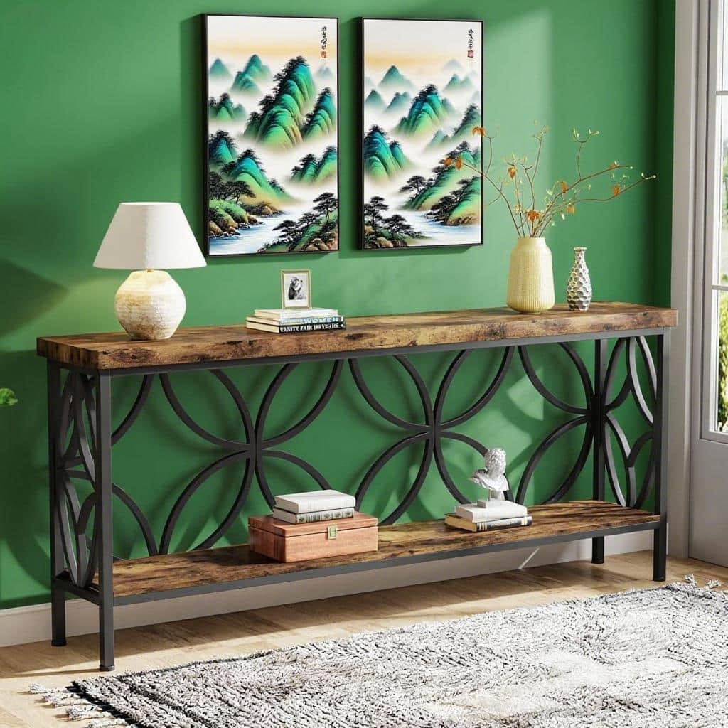 70.9” Industrial Console Table with 2-Tier Shelves Behind Sofa or Entryway Table with Metal Frame & Adjustable Feet