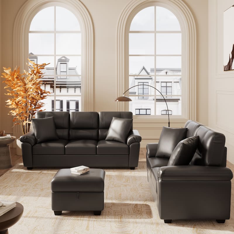 Upholstered Living Room Set, 3 Pieces - Faux Leather Loveseat, Sofa with Ottoman - Black