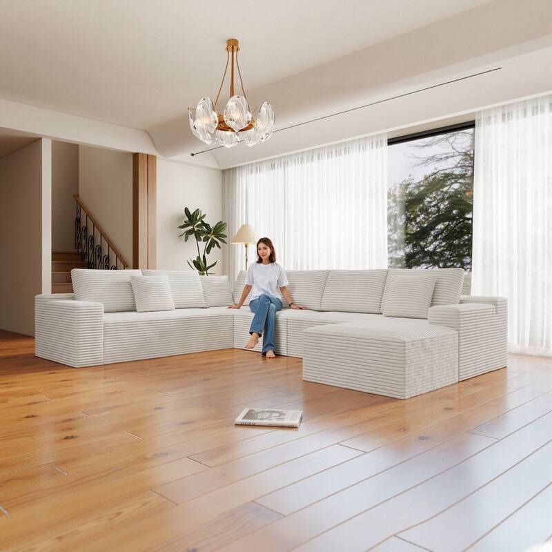 Roomfitters 137.8" Modular Sectional Sofa, 4-Piece Compressed Cloud Couch, No Assembly Required, Plush Corduroy, White