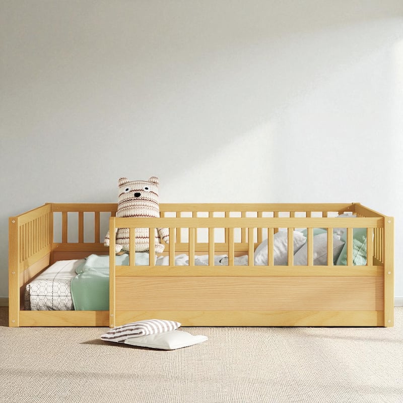Twin/Full Montessori Floor Bed with High Fence & Open Door, Solid Pine, Playroom/Bedroom, No Box Spring