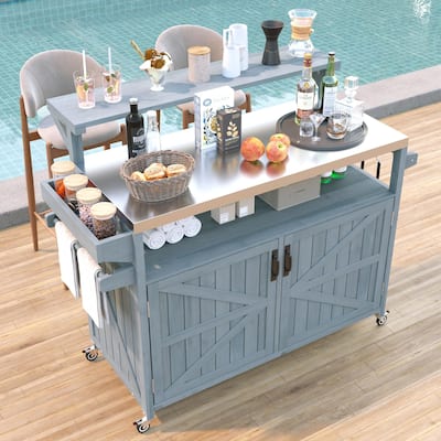 53.3" Outdoor Kitchen Island with Stainless Steel Top, Raised Shelf Solid Wood Storage Cabinet Outdoor Rolling Grill Cart