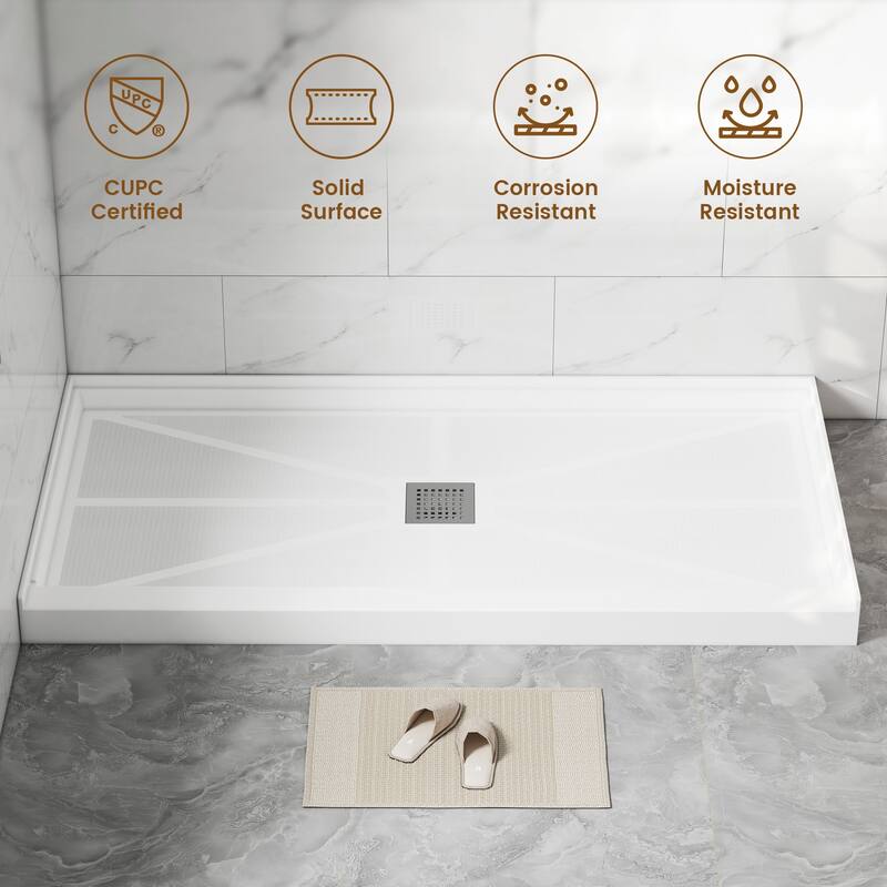 60 in. x 36 in. Elegant White Single Threshold Anti-slip SMC Rectangular Shower Base with Drain and Stainless Steel Drain Cover
