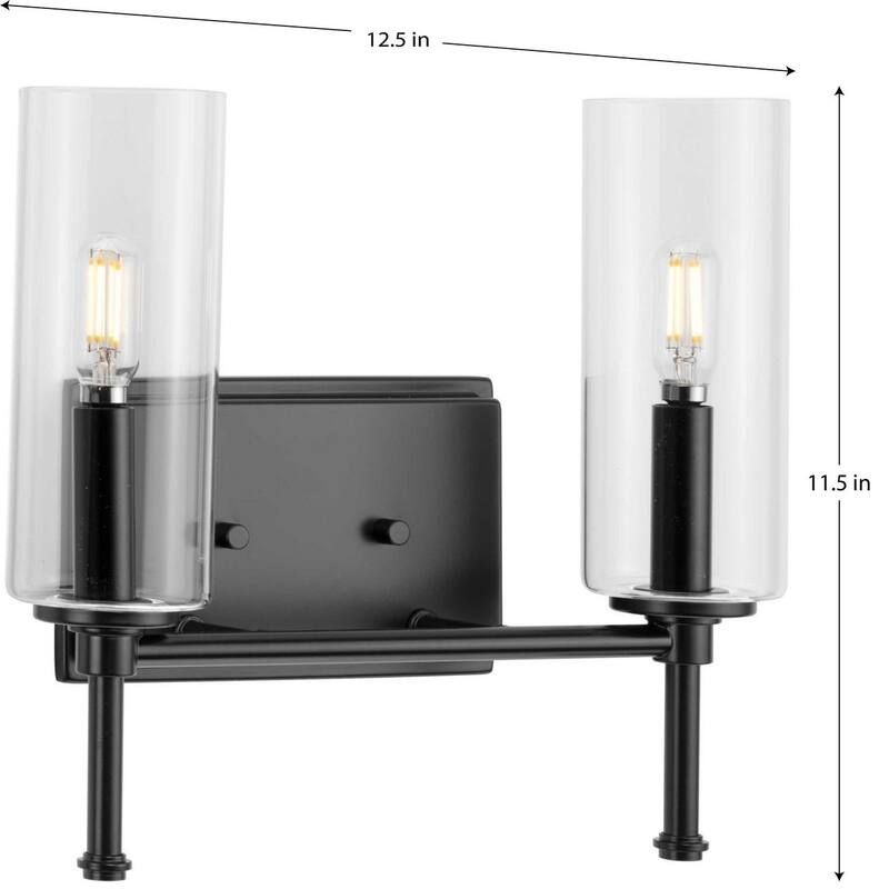 Elara Collection Two-Light Matte Black Clear Glass Bath Vanity Light - 12.5 in x 5.12 in x 11.5 in
