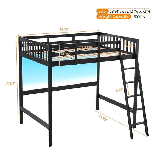 dimension image slide 1 of 3, Solid Wood Loft Bed with USB Charging Station/LED with Flat Rungs,No Box Spring Needed
