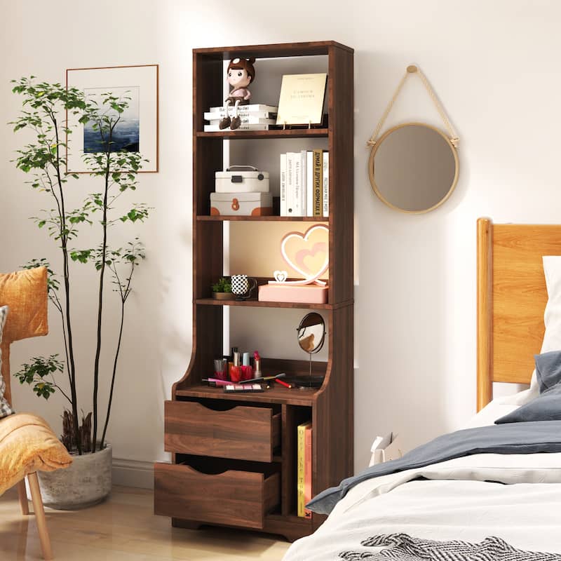 Anmytek Modern Nightstand with 2 Storage Drawers and Open Bookshelf Bedside Table with Metal Handles for Bedroom Pink and Gold