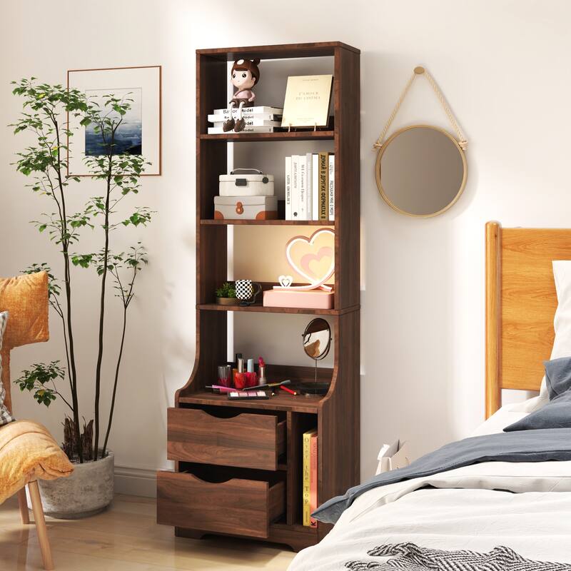 Night Stand with Bookshelf and 2 Drawers for Bedroom Storage