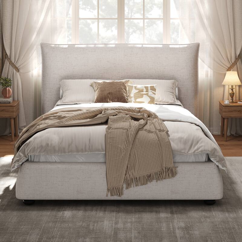 Upholstered Platform Bed Linen Fabric Pillow-back Headboard Wingback Bed Twin Size Beige Bed Frame