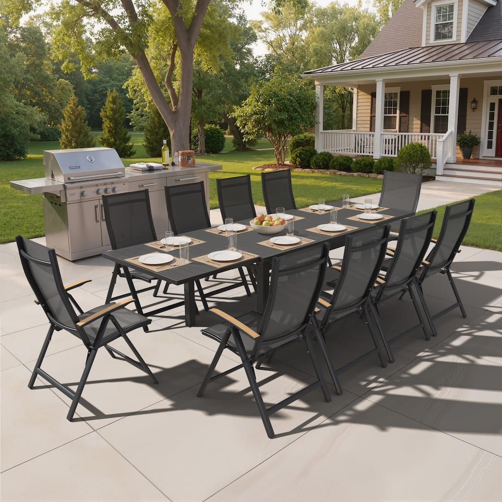 5/7/11PC Outdoor Aluminum Expandable Rectangle Patio Dining Table with Folding Chairs