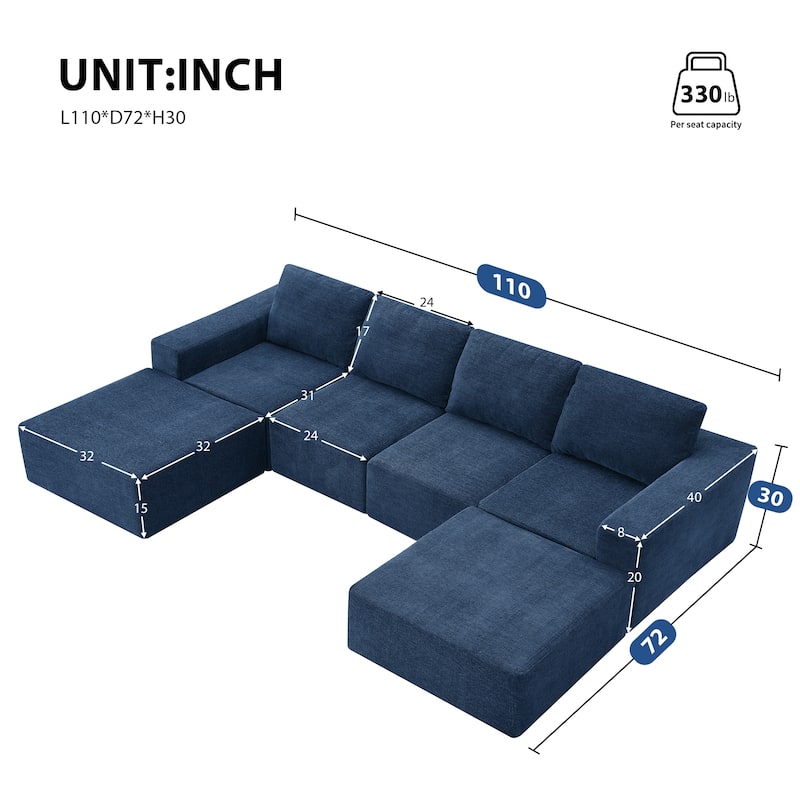 Modular U-Shaped Sectional Sofa with 2 Ottomans, Chenille Cloud Floor Couch, Fully Compressed Upholstered Sofa - Navy