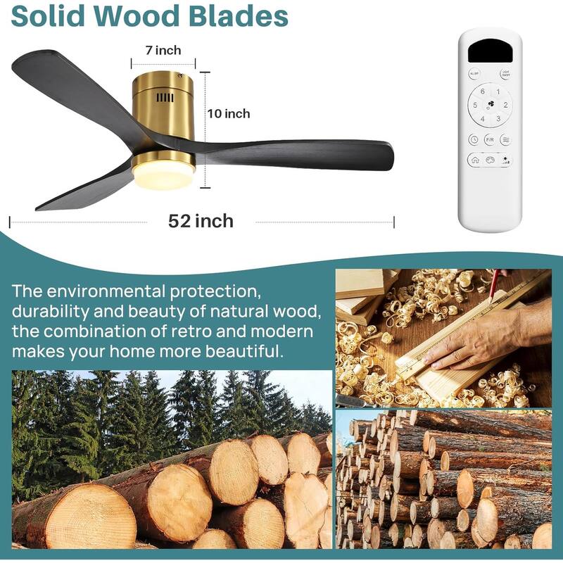 52 Inch Flush Mount Wood Blades White Ceiling Fan Reverse Airflow,6 Wind Speed,Remote Control