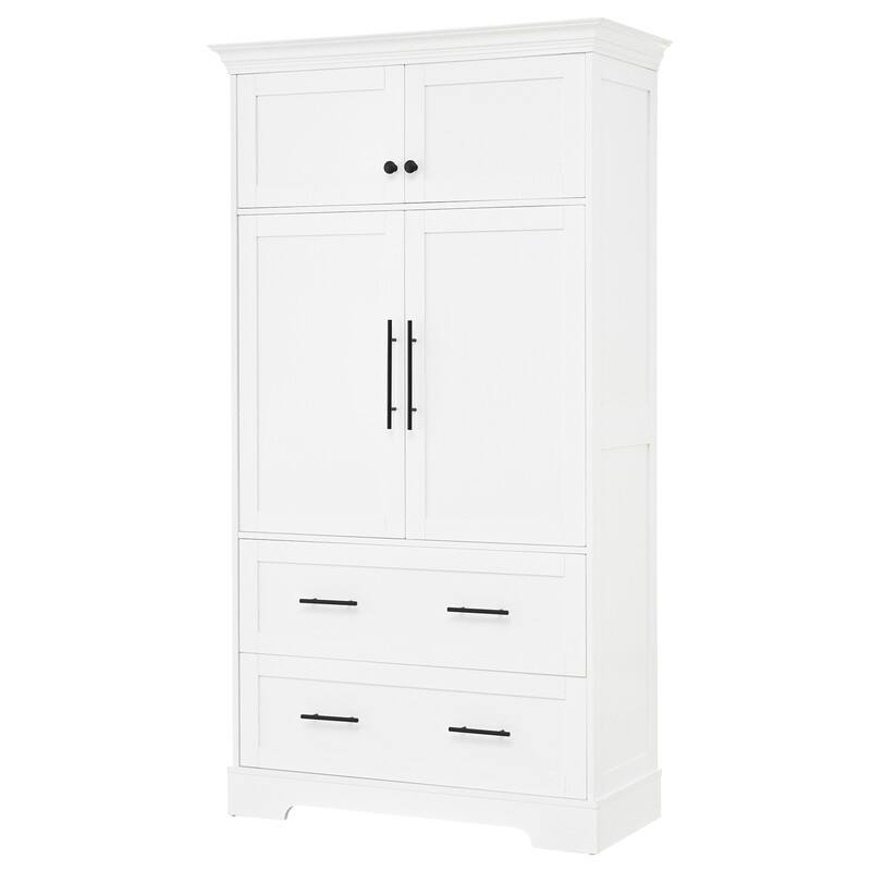 Farmhouse 72.6" Tall Kitchen Pantry with 4 Doors Storage Cabinet , 2 Drawers and Pull-out Trays for Cake Pan Storage Organizer