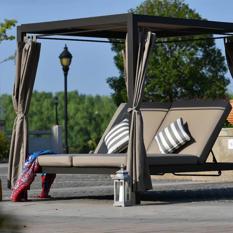 Outdoor Adjustable Daybed with Canopy Patio Steel Lounge Set
