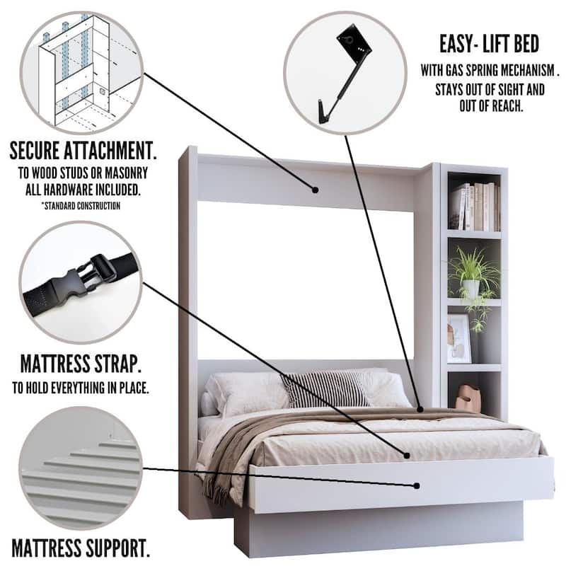 Easy-Lift Queen Murphy Wall Bed with Bookshelf