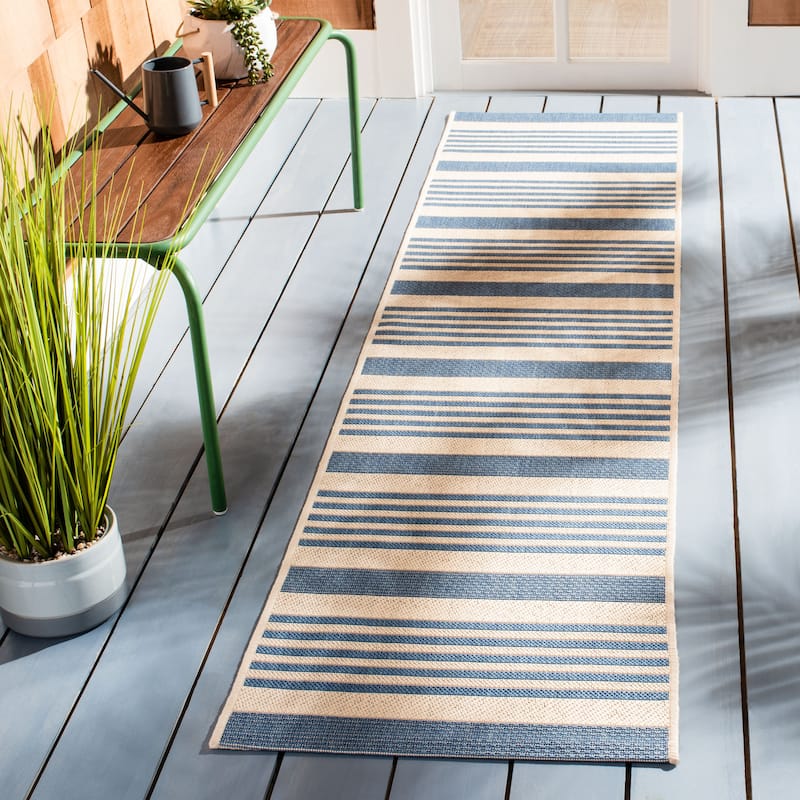 SAFAVIEH Beach House Mecbure Indoor/ Outdoor Waterproof Patio Backyard Rug - 2'2" x 10' Runner - Beige/Blue