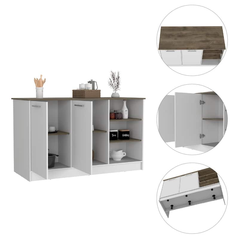 Kitchen Island Cart with Storage - 3 Shelves & 2 Cabinets - White & Dark Brown