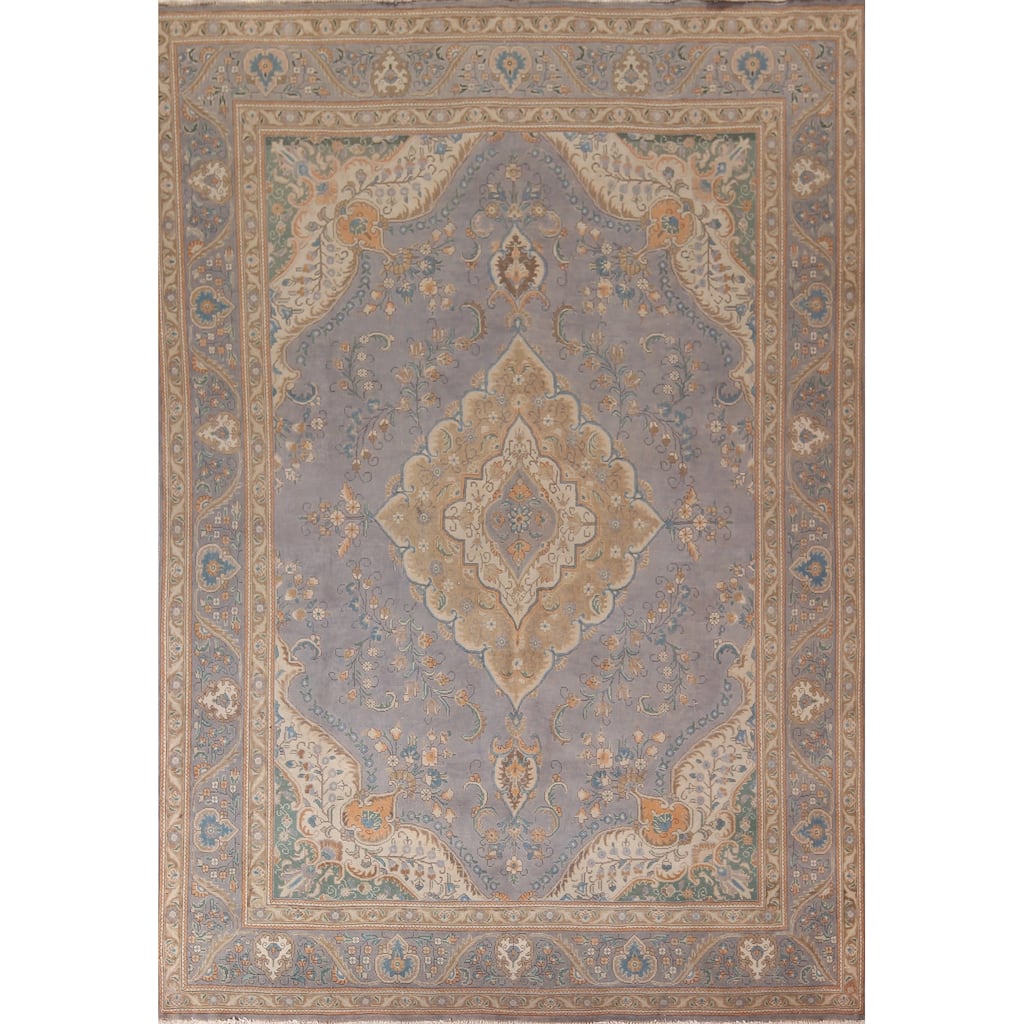 Tabriz Persian Vintage Area Rug Hand-Knotted Blue Wool Carpet - 9'10"x 12'9"