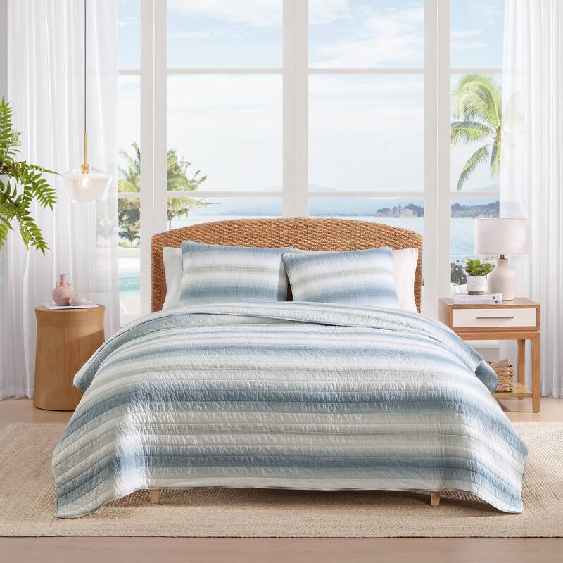 Tommy Bahama Prima Island Stripe Blue Cotton Reversible Quilt Set