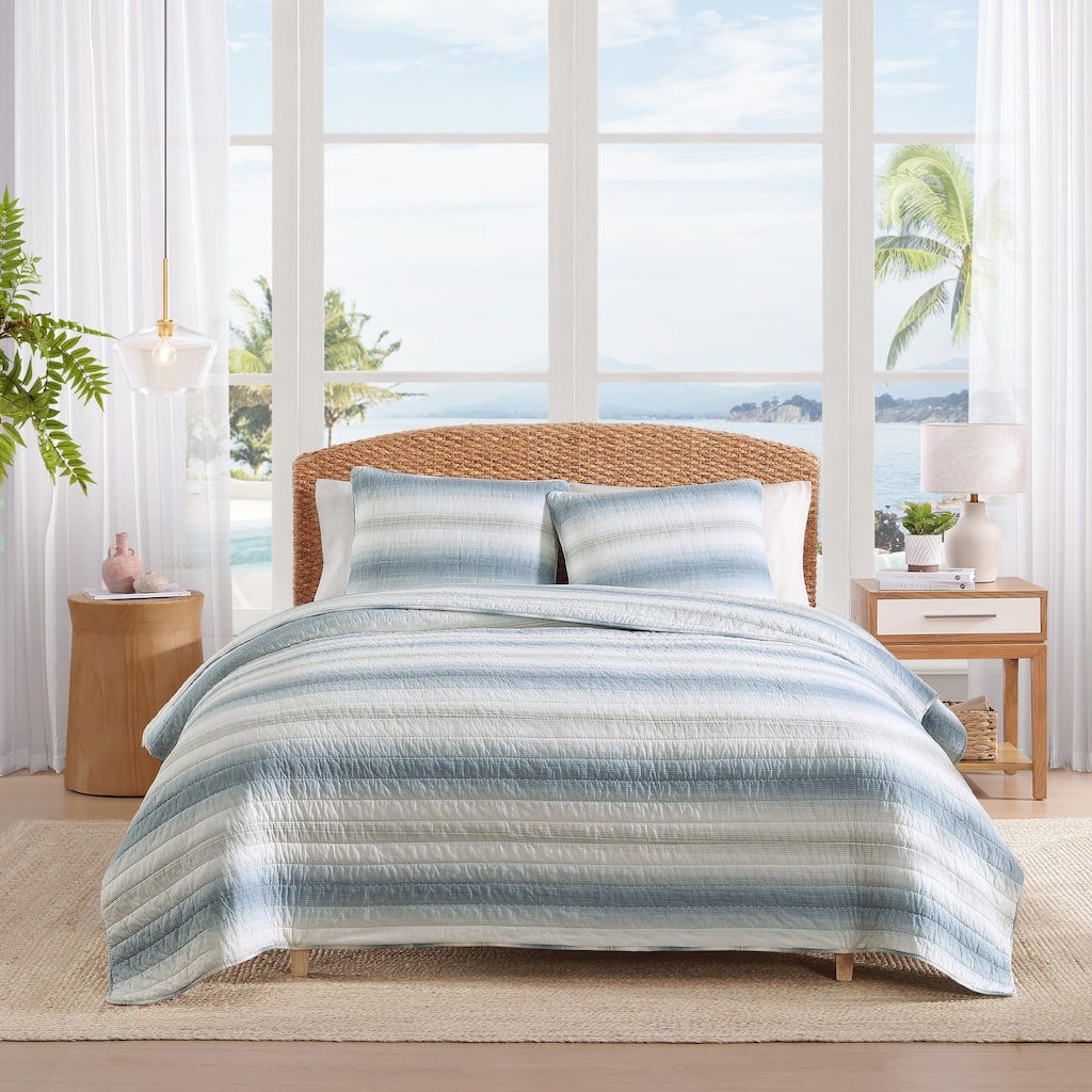 Tommy Bahama Prima Island Stripe Blue Cotton Reversible Quilt Set