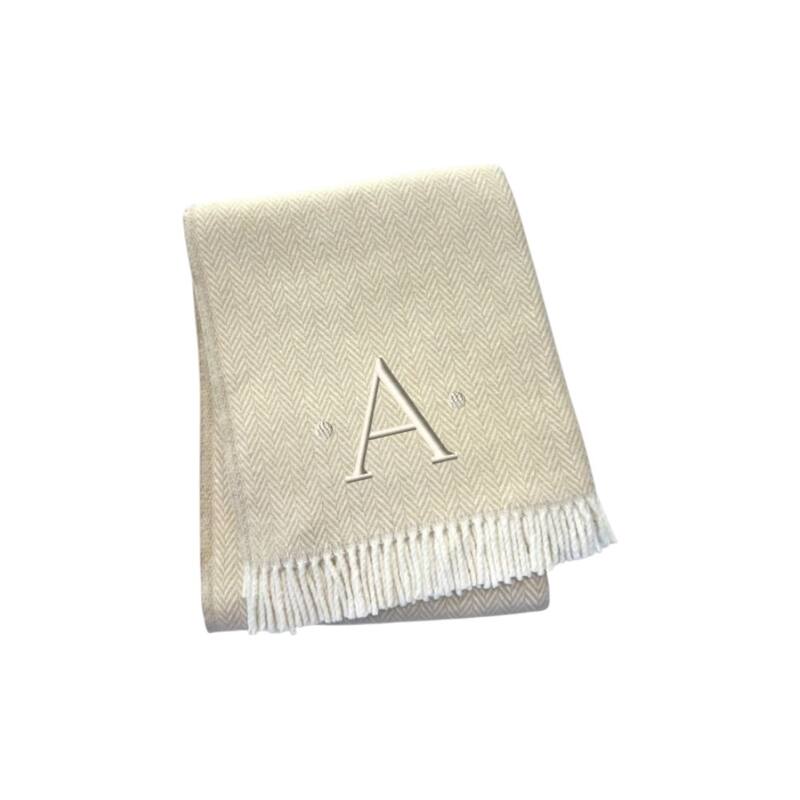 HomeRoots 55" X 70" Linen And White Herringbone Cotton Blend A Initial Throw Blanket with Tassels And Embroidery