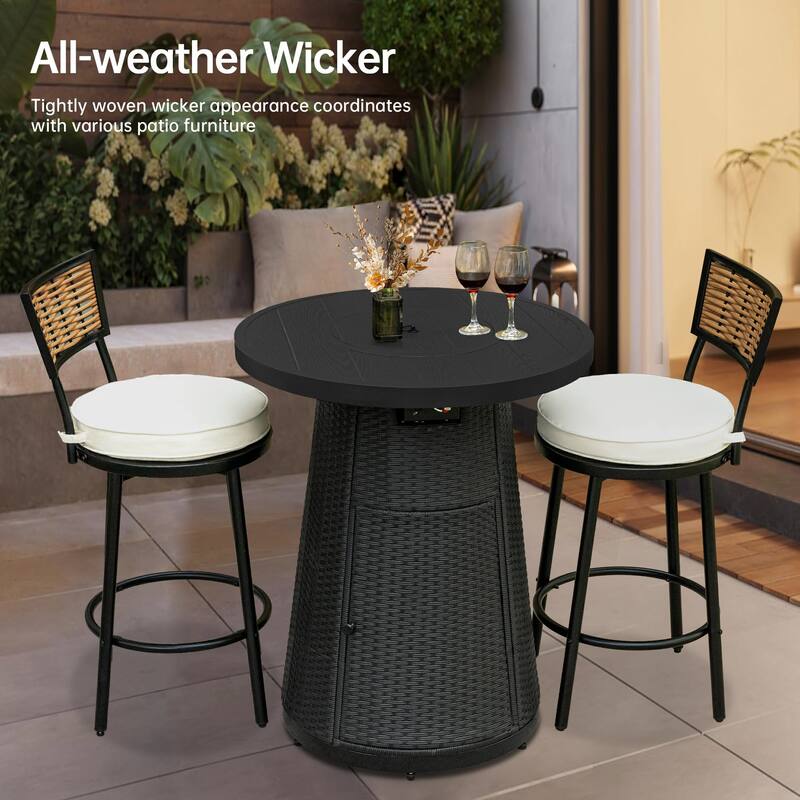 31.5" Wicker Propane Bar Height Fire Pit Table, 40,000 BTU Outdoor Round Gas Fire Table with Fire Glass Stone
