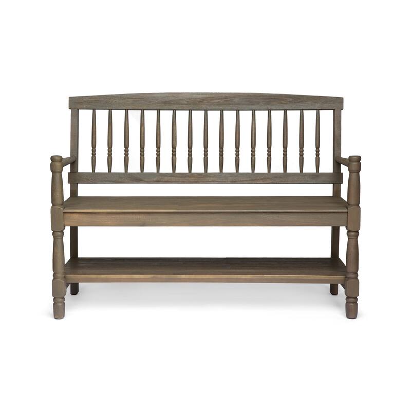 Roomfitters Wooden Outdoor Patio Bench with Slatted Backrest, Armrests, and Storage Shelf
