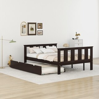 Full Size Classic Modern Design Solid Wood Platform Bed with Pull Out Trundle and Headboard and Footboard