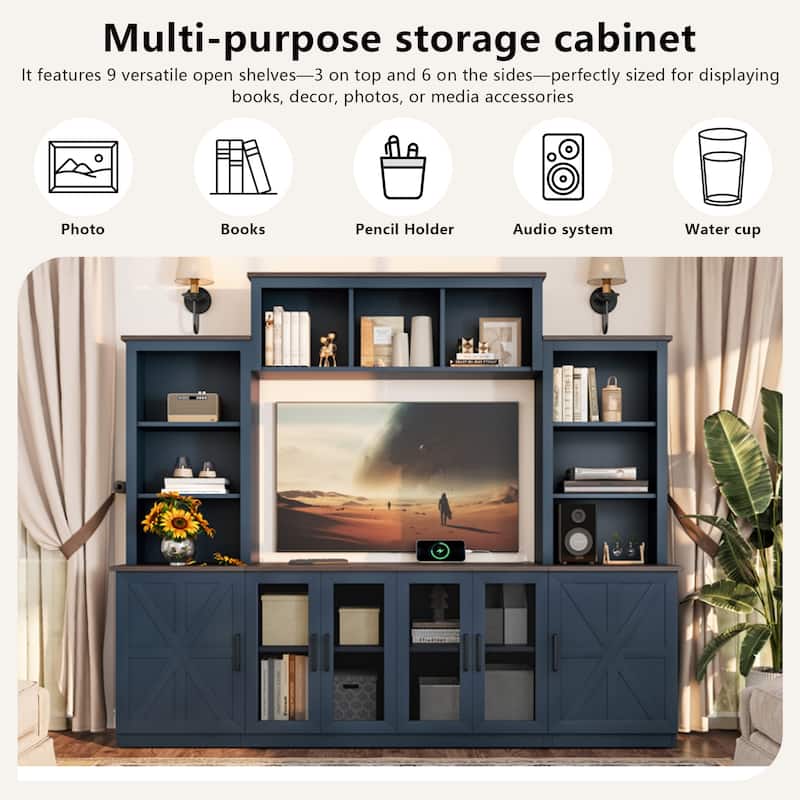 87.6" Wall Unit Entertainment Center Wood TV Stand with USB Charging, Media Console with Cabinets, Large Storage TV Cabinet